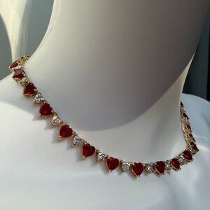 18Ct Heart CZ Ruby Red Heart Tennis Necklace Sterling Silver w/14k Gold Over